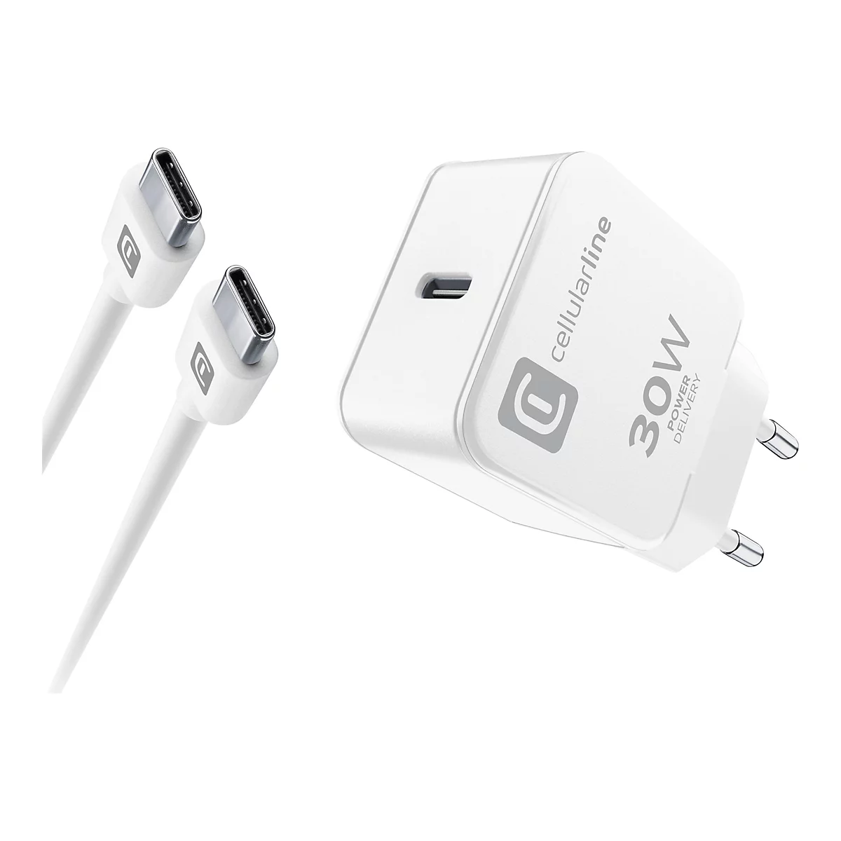 Weißes Cellularline 30W USB-C Netzteil mit passendem Ladekabel auf weißem Hintergrund.