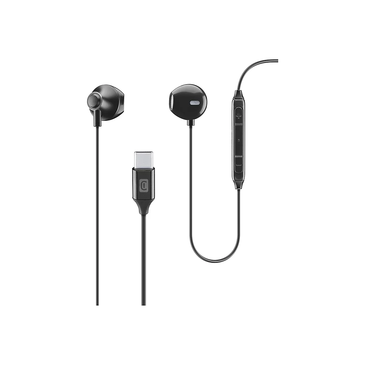 Schwarze In-Ear-Kopfhörer mit USB-C-Stecker und integrierter Fernbedienung am Kabel vor weißem Hintergrund.