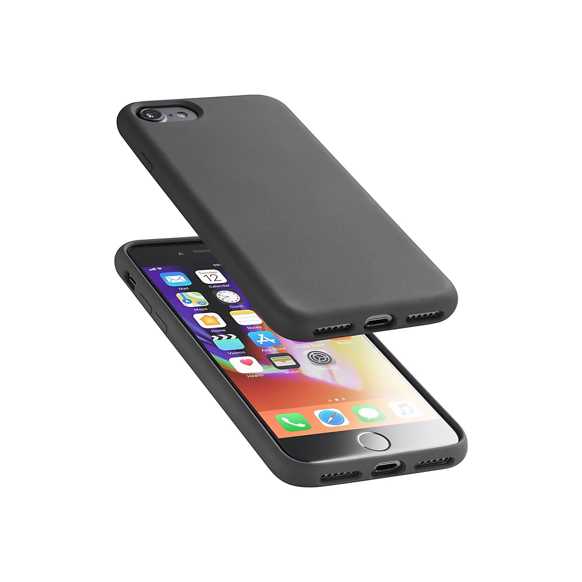 Dunkelgraues Smartphone-Cover, das über einem Smartphone liegt, das mit einer Schutzhülle ausgestattet ist.