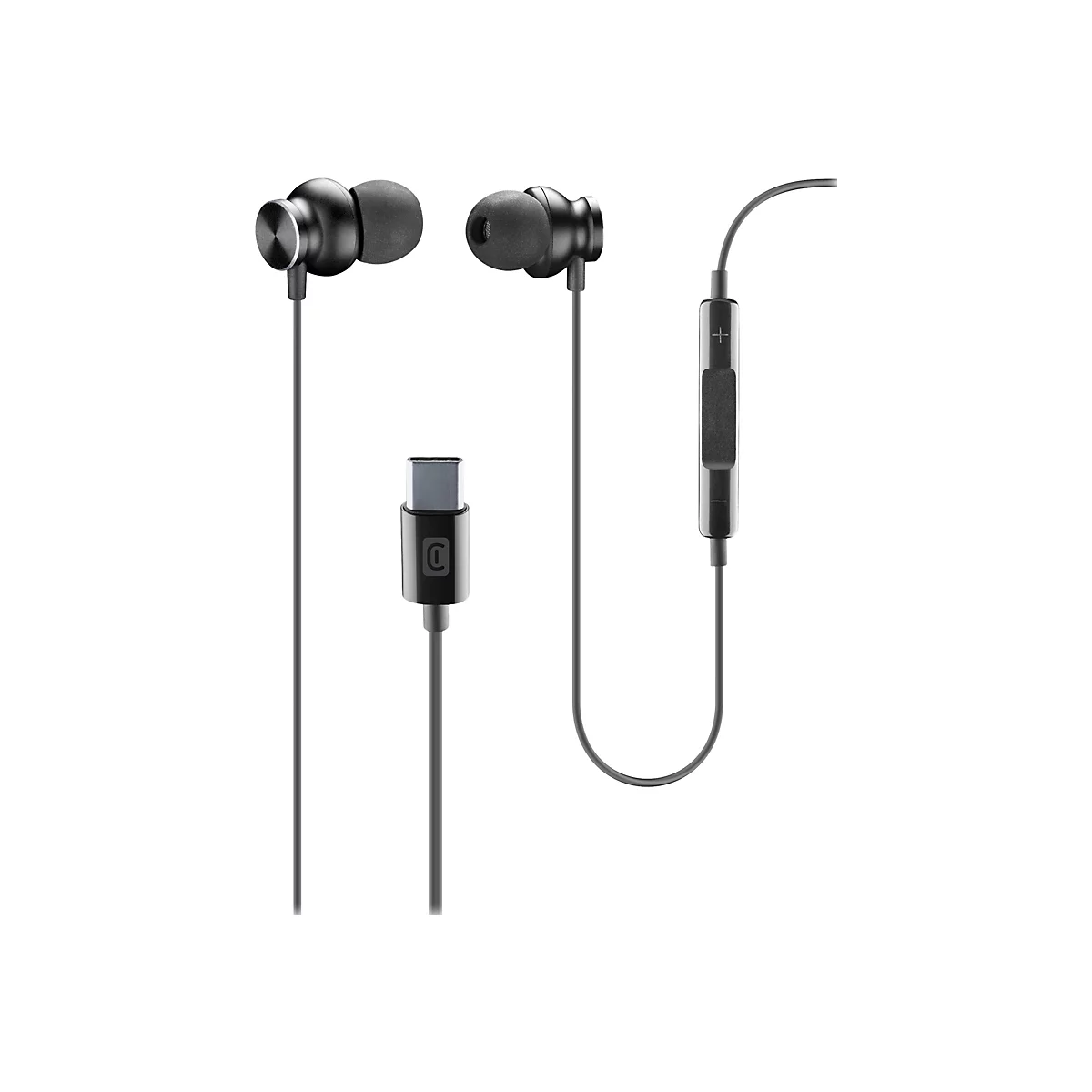 Schwarze In-Ear-Kopfhörer mit USB-C-Anschluss, Kabelfernbedienung und Silikonaufsätzen vor weißem Hintergrund.