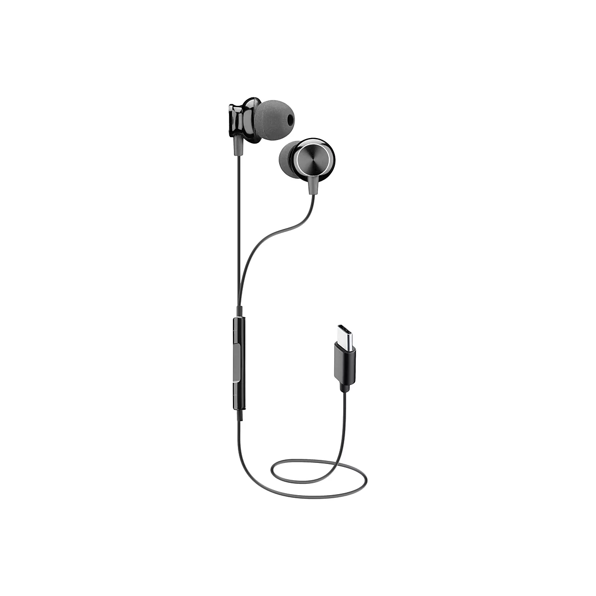 Schwarze In-Ear-Kopfhörer mit USB-C-Anschluss vor weißem Hintergrund.