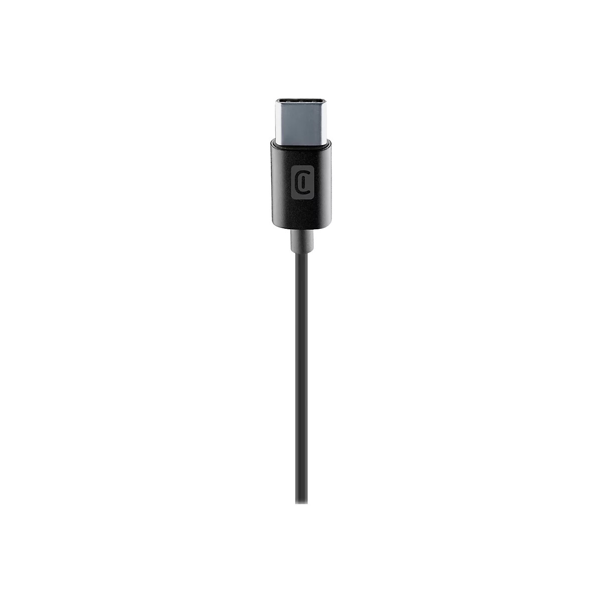 USB-C Stecker mit schwarzem Gehäuse und eingeprägtem C-Logo an einem schwarzen Kabel vor weißem Hintergrund.
