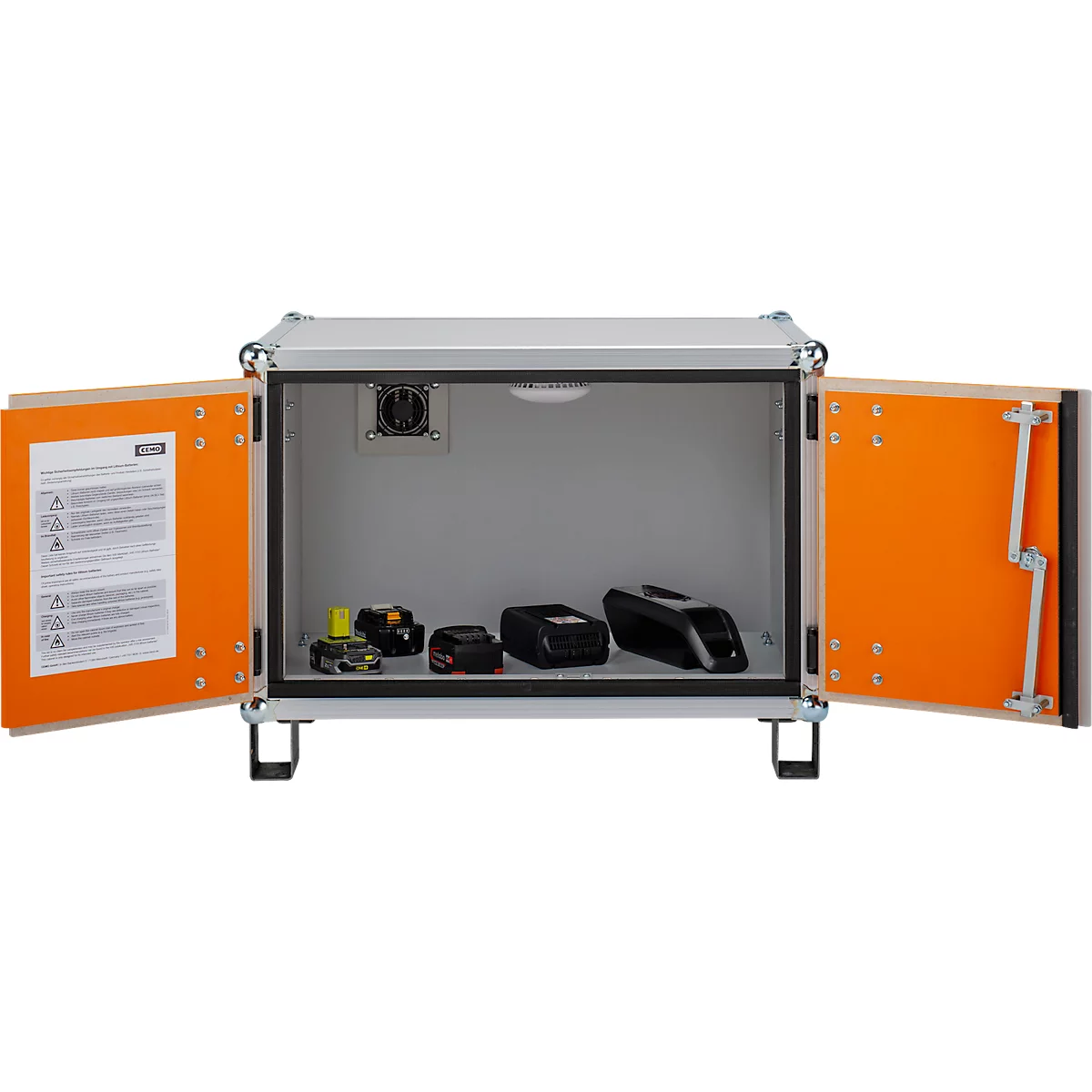 CEMO accubak 8/5 Basic, vleugeldeur, LockEX deurslot, brandwerend, met stapelvoetjes, B 800 x D 660 x H 620 mm, lichtgrijs/puur oranje
