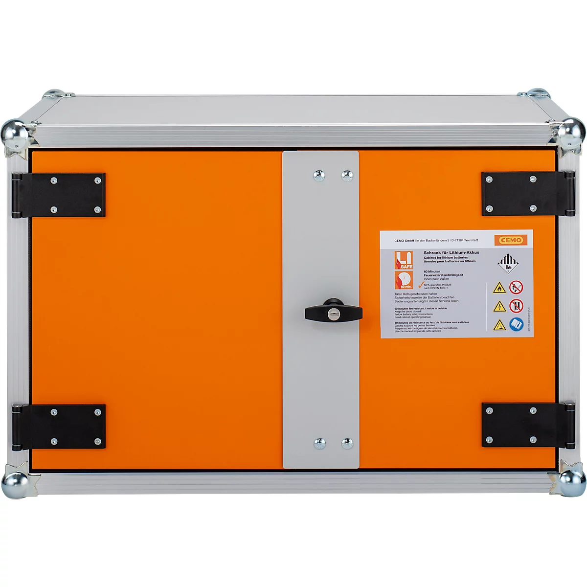 CEMO acculaadkast 8/5 voor brandmeldinstallaties, 1-fase, 6-pits stekkerdoos, geventileerd, 2 rookmelders, B 830 x D 660 x H 520 mm, lichtgrijs/puur oranje