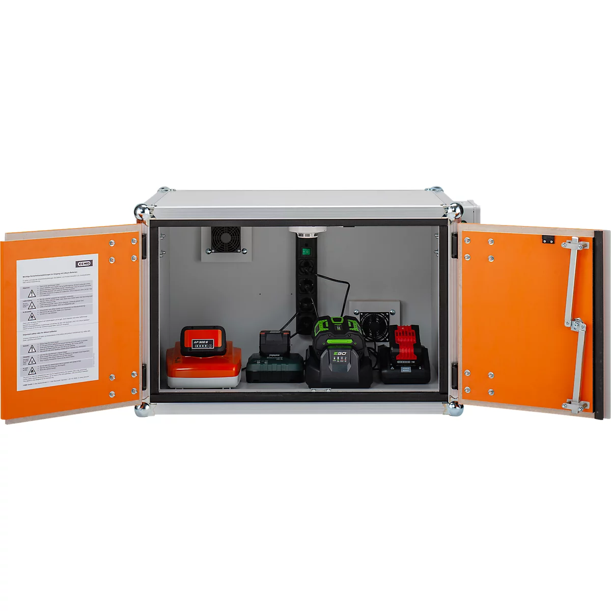 CEMO acculaadkast Premium 8/5, 1-fase, LockEX deurslot, rookmelder, akoestisch alarm, geventileerd, zonder stapelpoten, B 890 x D 660 x H 520 mm, lichtgrijs/puur oranje