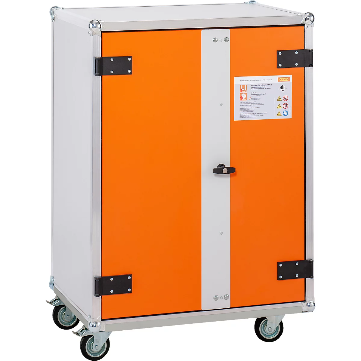 CEMO acculaadkast Premium Plus 8/10, 3-fasen, binnentemperatuurweergave, LockEX deurslot, rookmelder, akoestisch alarm, geventileerd, op wielen, B 950 x D 660 x H 1150 mm, lichtgrijs/puur oranje