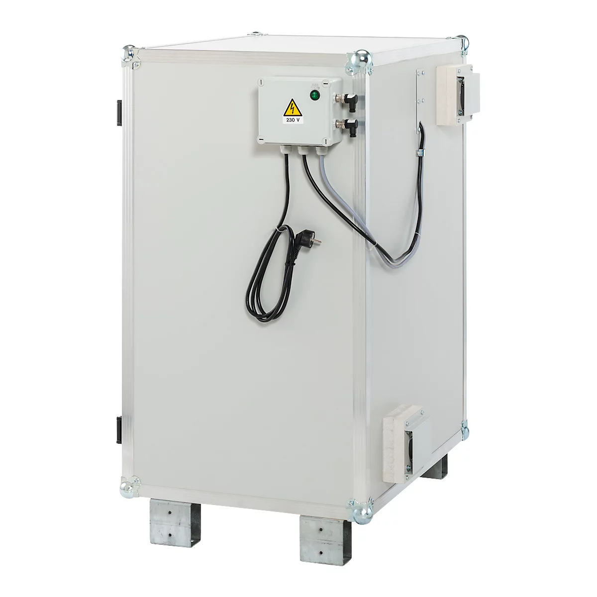 Weißer Kasten mit Steuerung, Stromkabel und Füßen.