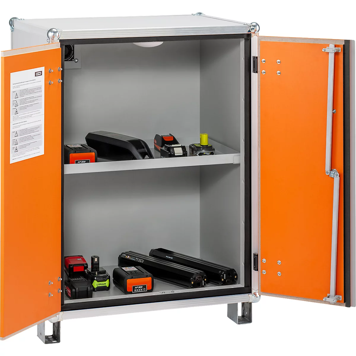 CEMO Akku-Lagerschrank 8/10, Flügeltür, LockEX Türverriegelung, feuerbeständig, auf Füßen, B 800 x T 660 x H 1110 mm, lichtgrau/reinorange