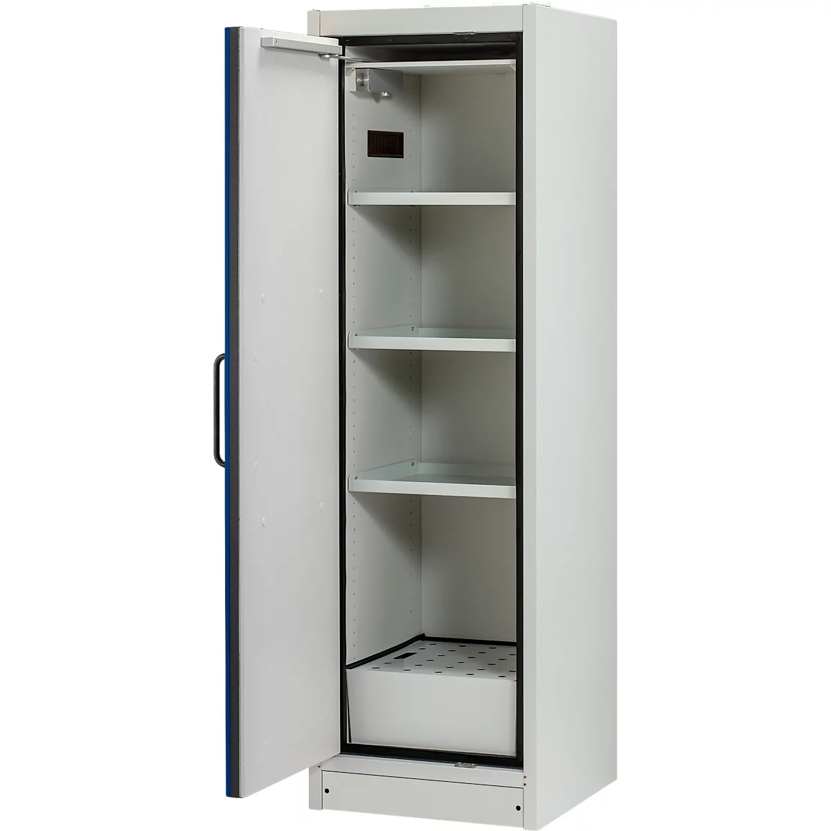 Armoire blanche avec porte ouverte, intérieur avec étagères, encadrée en noir.