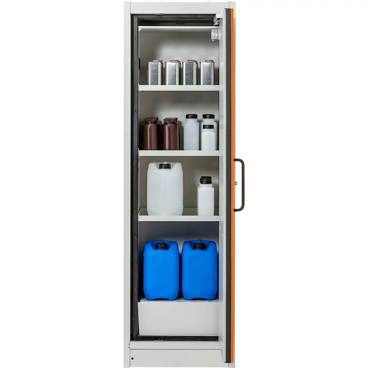 Cemo armoire de sécurité type 90 PROline 6/20, portes à fermeture automatique, charnières à droite, L 600 x P 600 x H 1950 mm, 33 litres, gris/orange