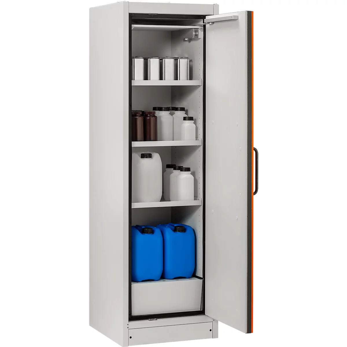 Cemo armoire de sécurité type 90 PROline 6/20, portes à fermeture automatique, charnières à droite, L 600 x P 600 x H 1950 mm, 33 litres, gris/orange