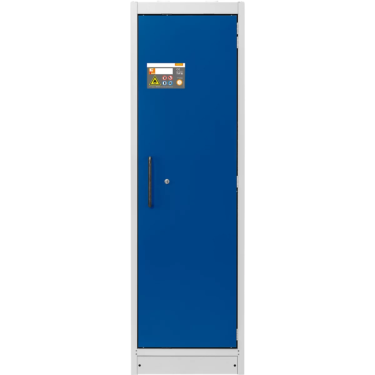 Armoire électrique peinte en bleu avec cadre blanc. Poignée et panneau de commande visibles.