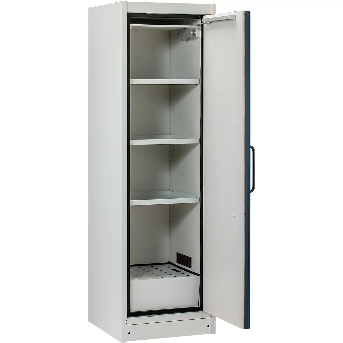 Armoire blanche avec porte ouverte, quatre étagères et un tiroir coulissant.