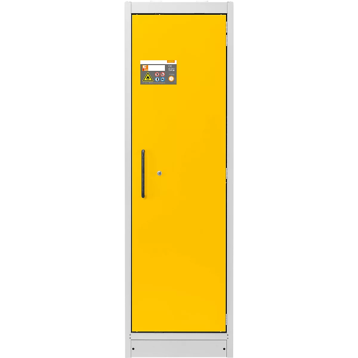 Porte d'armoire de commande jaune avec éléments de commande et poignée. La porte est encadrée dans un cadre gris clair.