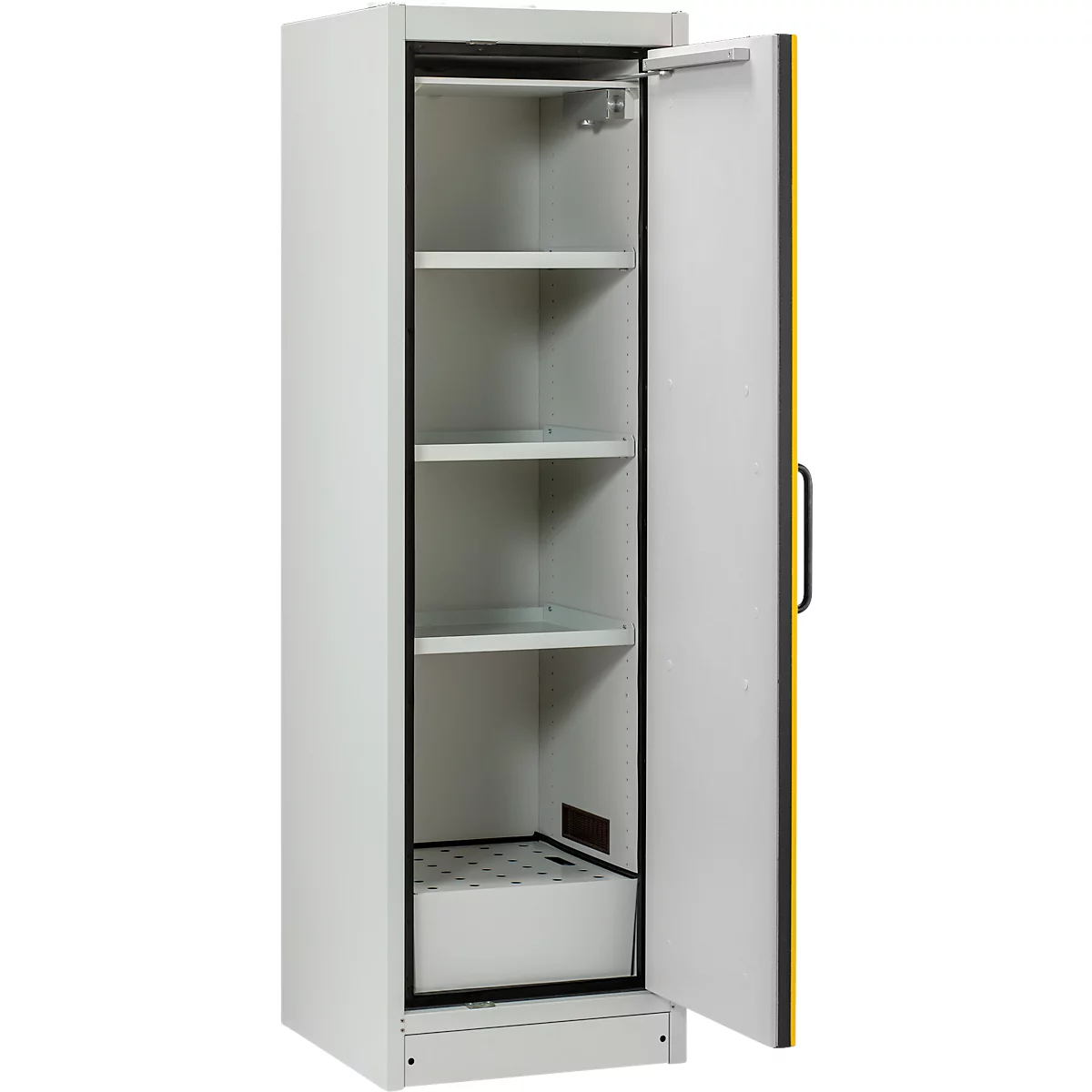 Une armoire blanche ouverte avec un côté jaune et plusieurs étagères. La porte est ouverte pour révéler l'intérieur.