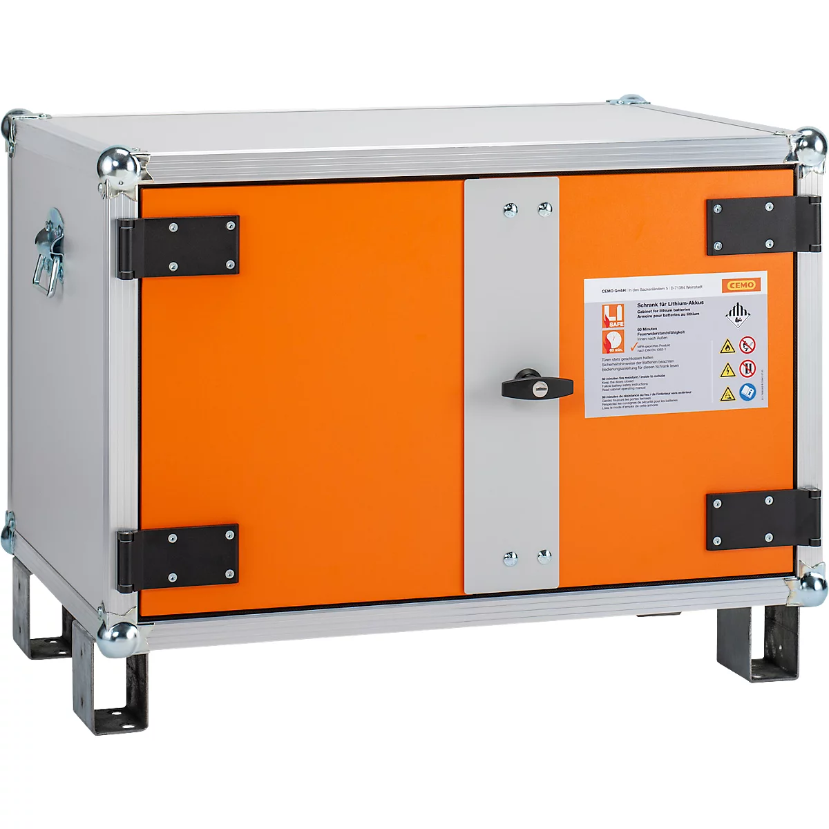 CEMO Basic 8/5 acculaadkast, 1-fase, 6-pits stekkerdoos, geventileerd, 2 rookmelders, met stapelvoetjes, B 800 x D 660 x H 620 mm, lichtgrijs/puur oranje