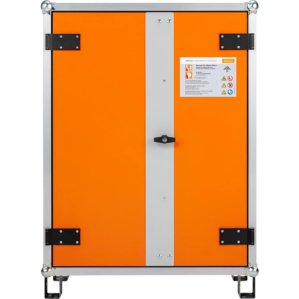 Orange flight case cabinet with gray center brace. Black hinges and rollers. Warning notices attached.