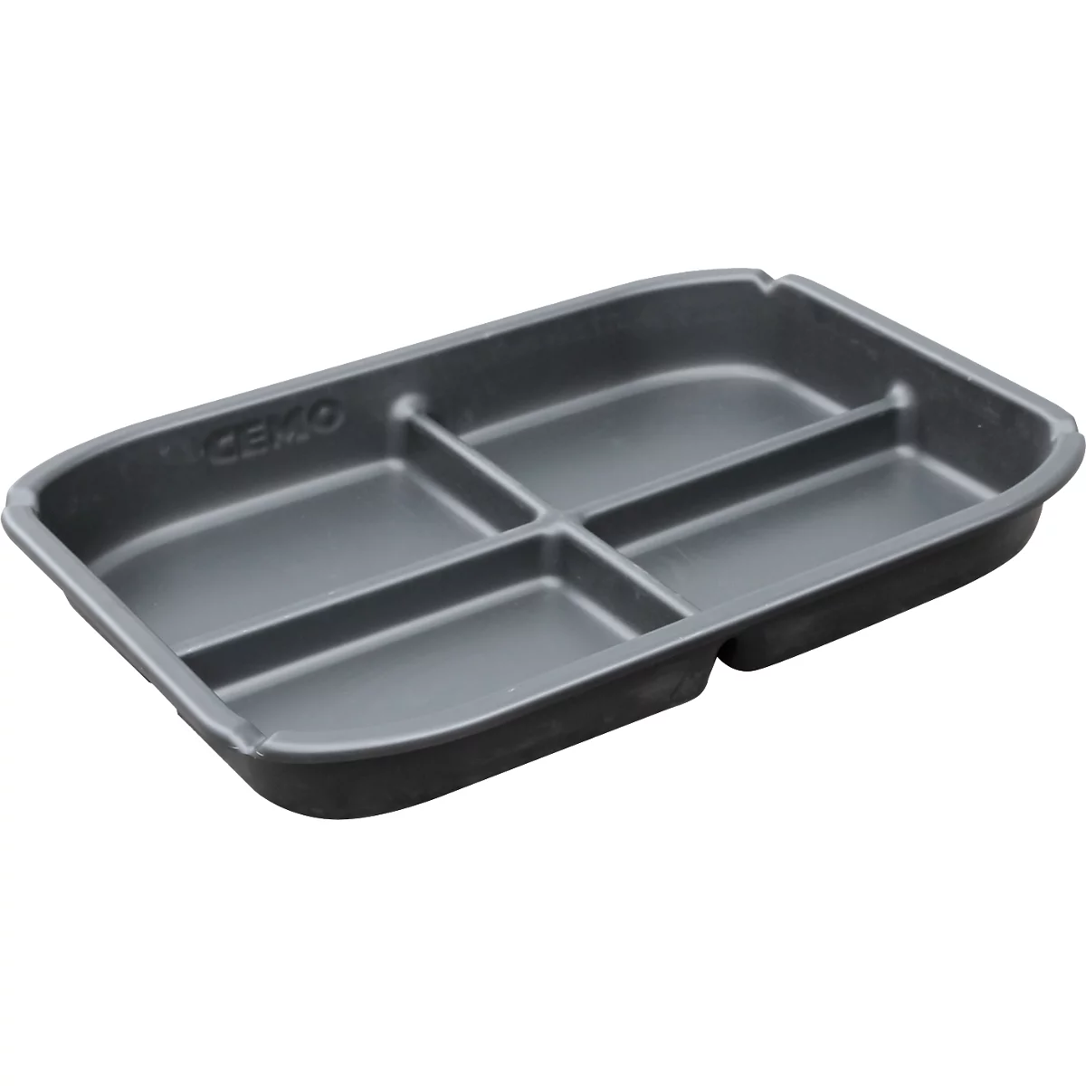 Gray plastic tray with four compartments, 'CEMO' lettering.