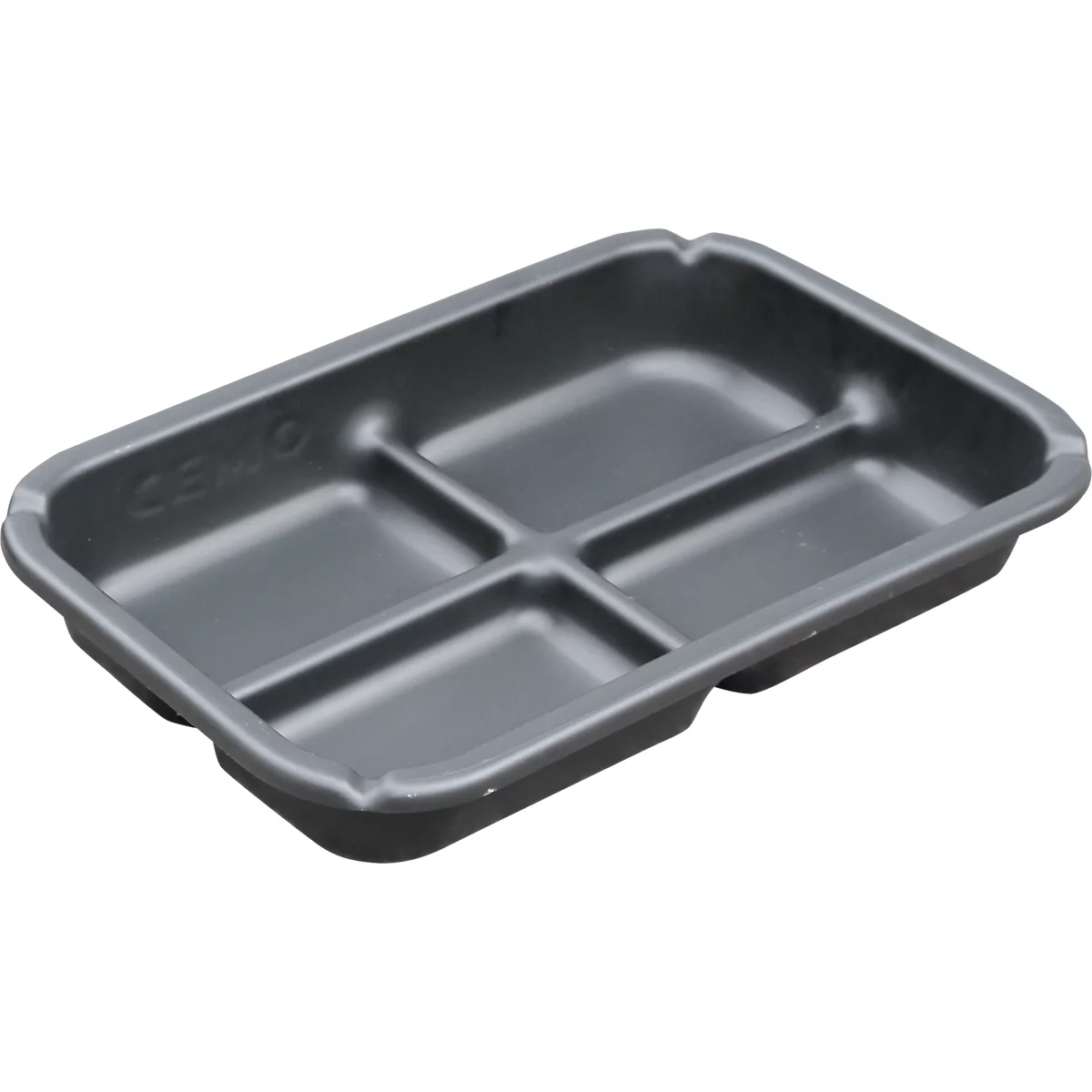 Gray rectangular tray with four compartments. The edge is slightly raised. "CEMO" is in the corner.
