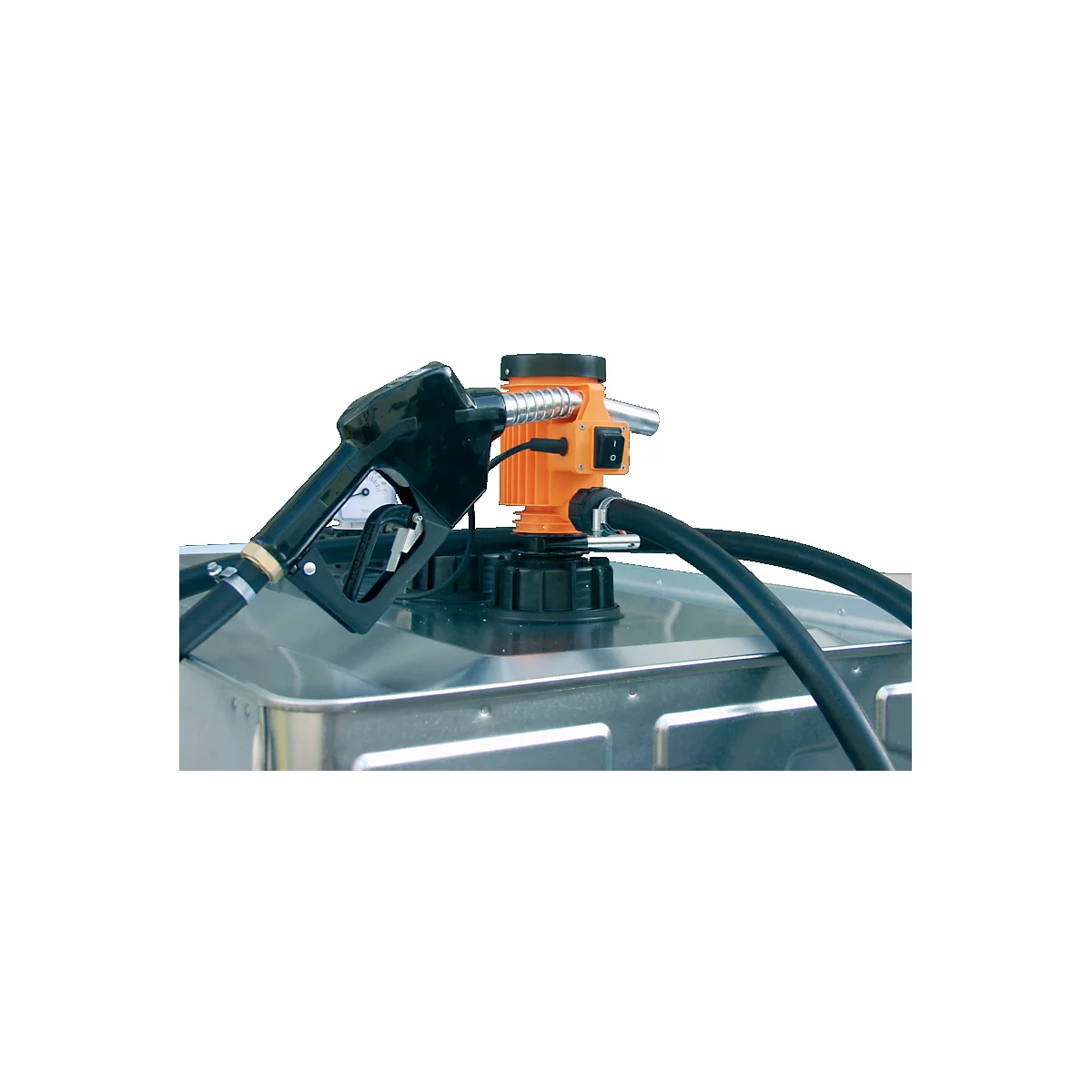 A black-handled fuel nozzle, an orange pump, and black hoses on a metallic tank.