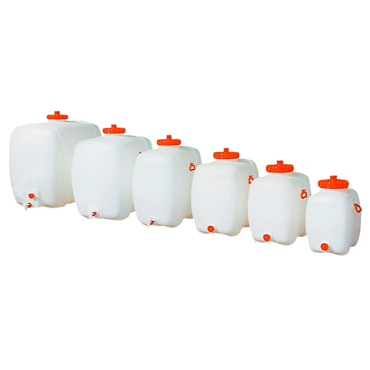 Six white canisters with orange lids and spouts, arranged side by side in different sizes.