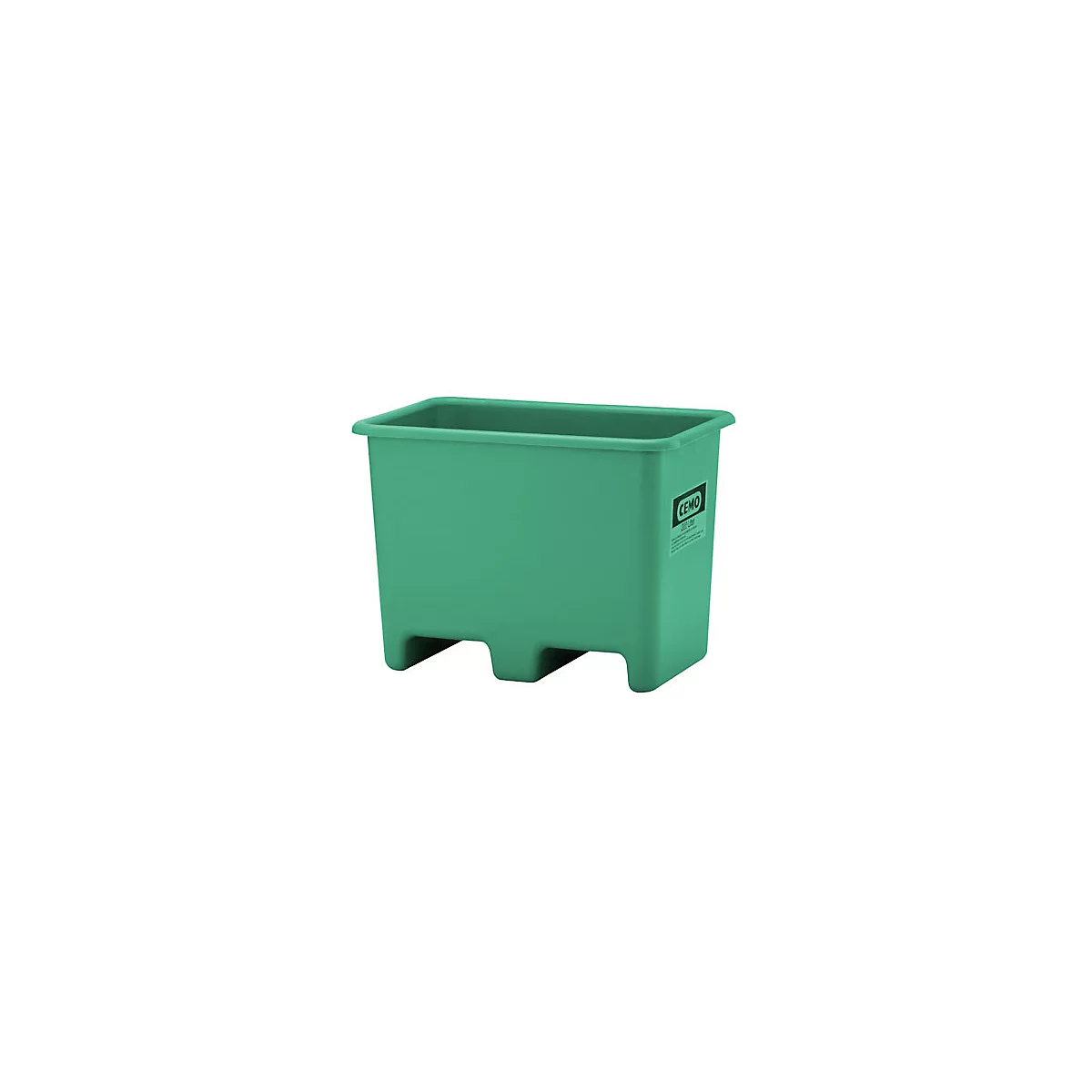 Groene plastic bak met een rechthoekige vorm. Er zitten voetjes aan de onderkant. Aan de zijkant zit een sticker met de naam "CEMO".