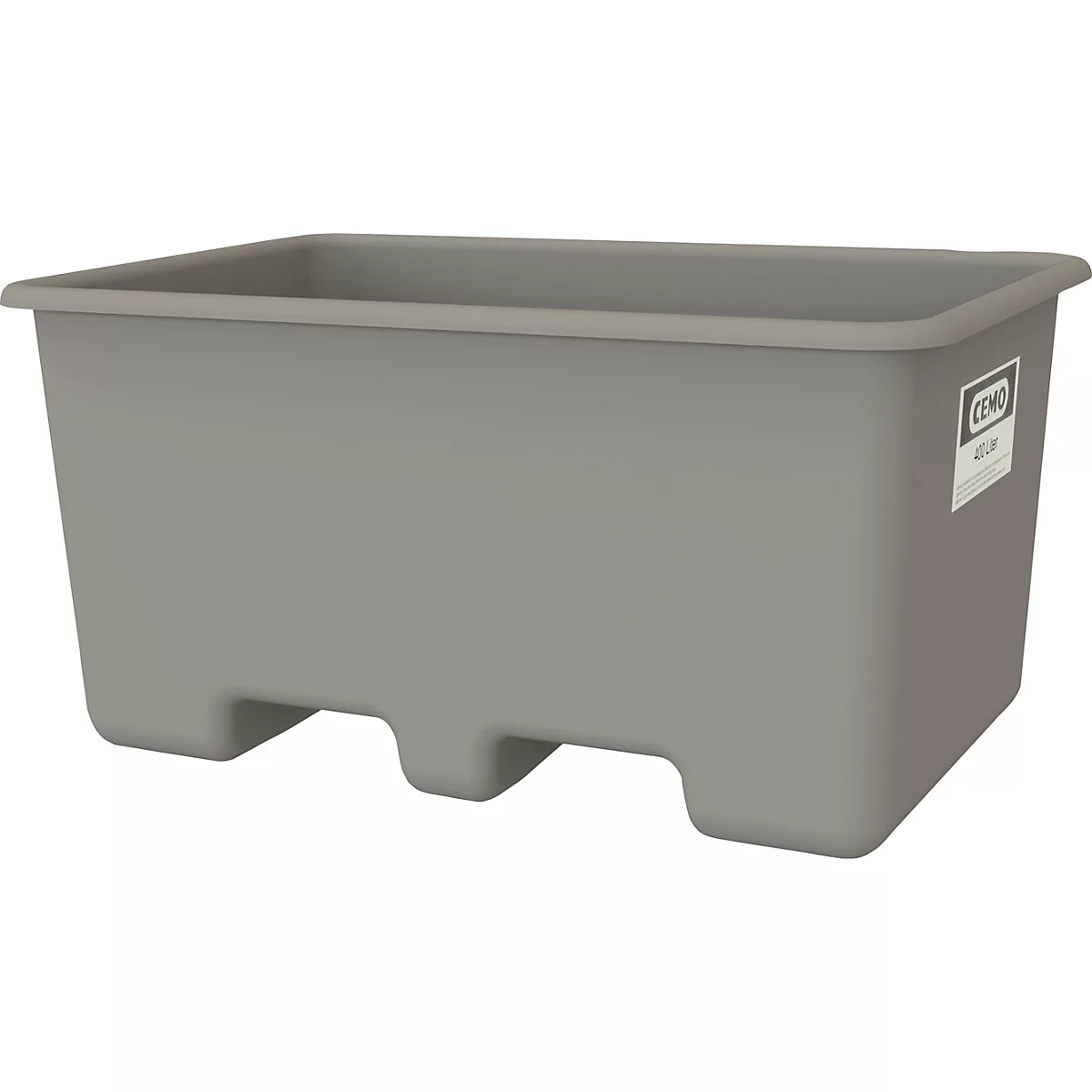 Grijze plastic box. Rechthoekige vorm, lage voetjes. Sticker met opschrift.