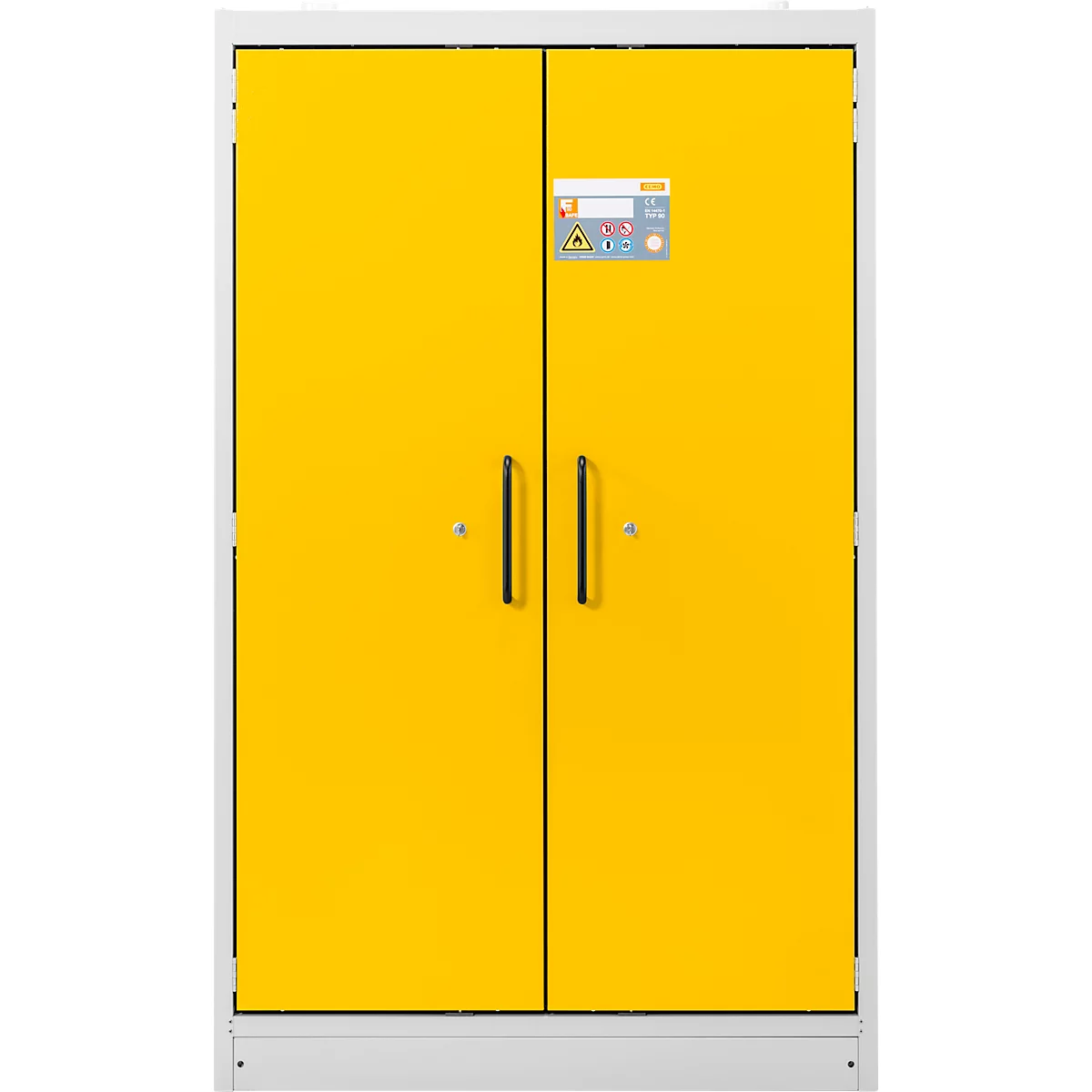 Gelber Schrank mit zwei Türen. Aufkleber mit Symbolen und Schriftzug. Schwarze Griffe, weißer Rahmen.