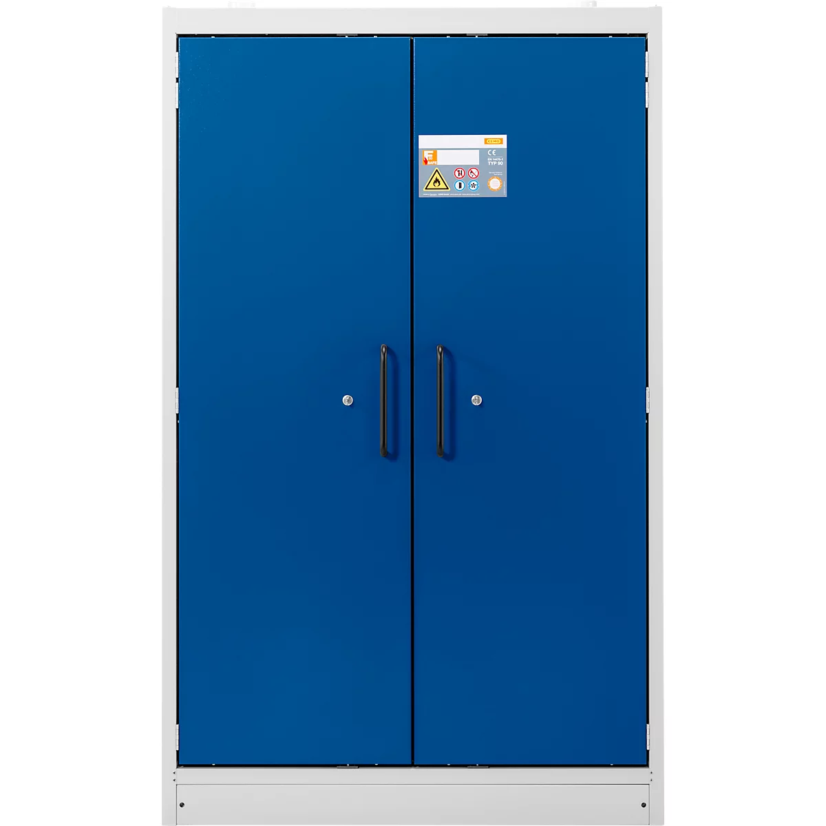 Blauer Schrank mit zwei Türen, Griffen und Bedienfeld mit Warnhinweisen. Weiße Umrandung.