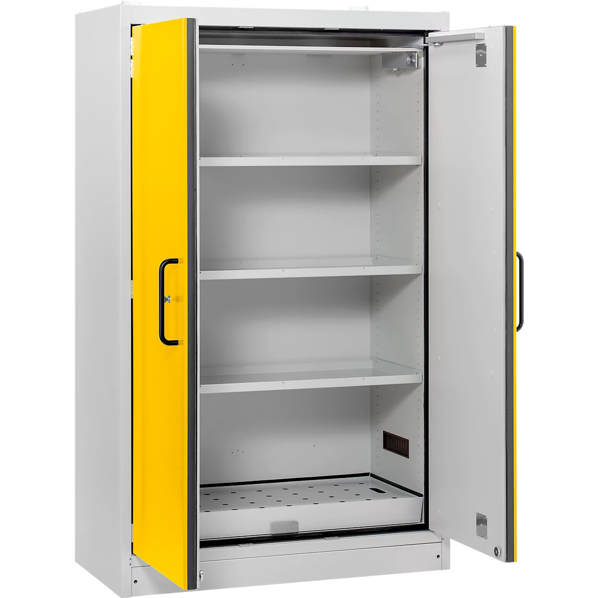 Ein geöffneter gelb-weißer Schrank mit mehreren Regalböden. Der Schrank ist leer und scheint für die Lagerung von Gegenständen ausgelegt zu sein.