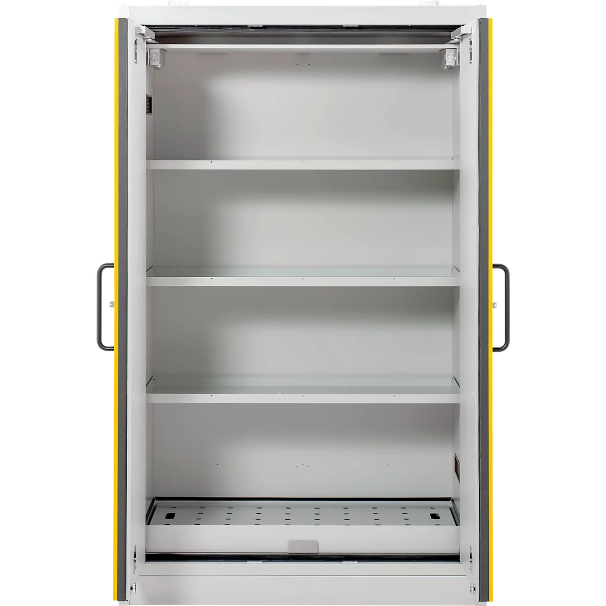 Open kast met vier planken, lichtgrijs. Gele en grijze frames, zwarte handvatten.