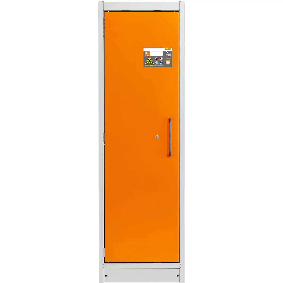 Cemo veiligheidskast type 90 PROline 6/20, zelfsluitende deuren, links scharnierend, B 600 x D 600 x H 1950 mm, 33 liter, grijs/oranje