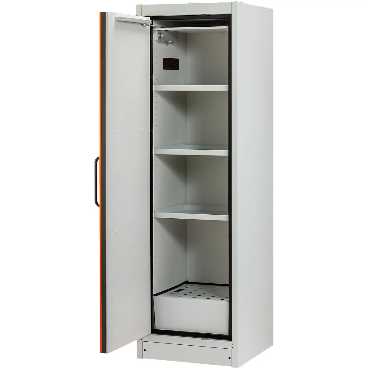 Cemo veiligheidskast type 90 PROline 6/20, zelfsluitende deuren, links scharnierend, B 600 x D 600 x H 1950 mm, 33 liter, grijs/oranje