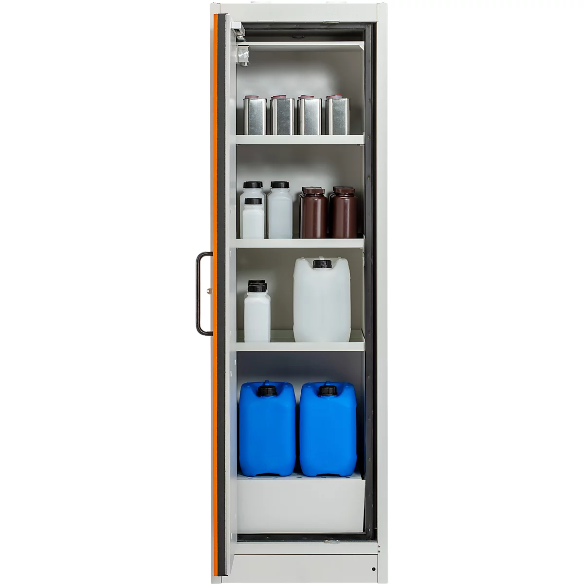 Cemo veiligheidskast type 90 PROline 6/20, zelfsluitende deuren, links scharnierend, B 600 x D 600 x H 1950 mm, 33 liter, grijs/oranje
