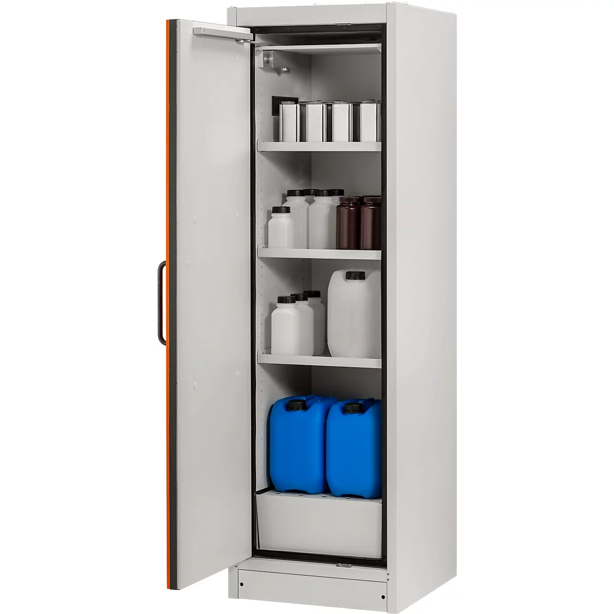 Cemo veiligheidskast type 90 PROline 6/20, zelfsluitende deuren, links scharnierend, B 600 x D 600 x H 1950 mm, 33 liter, grijs/oranje
