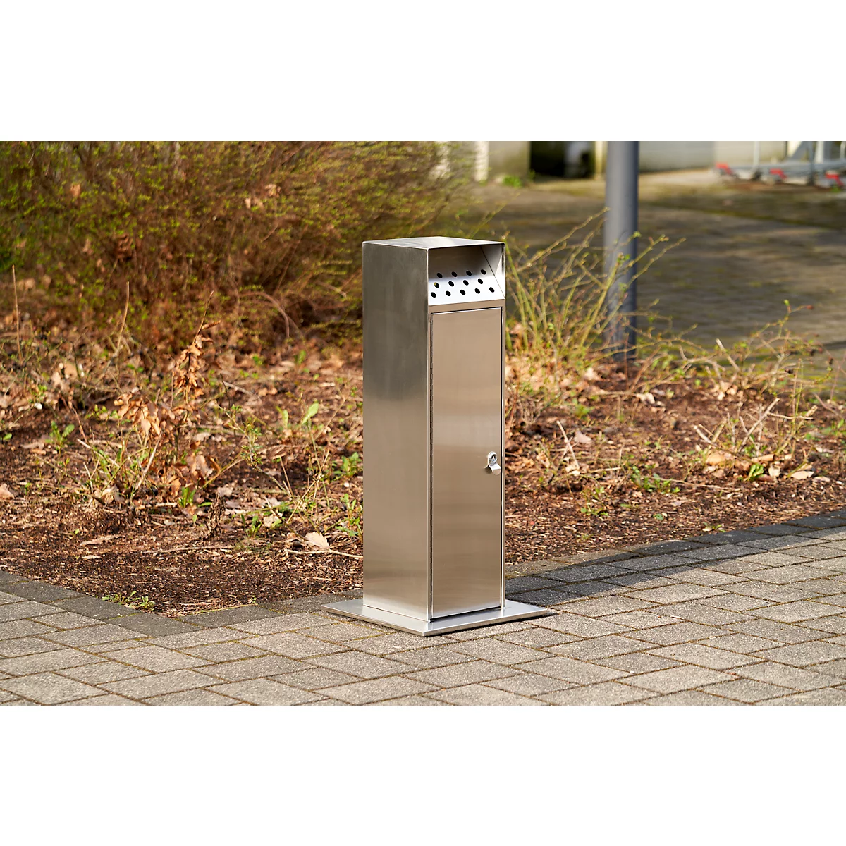 Cendrier, capacité 23 l, verrouillable, 1 clé incluse, L 380 x P 380 x H 880 mm, acier inoxydable