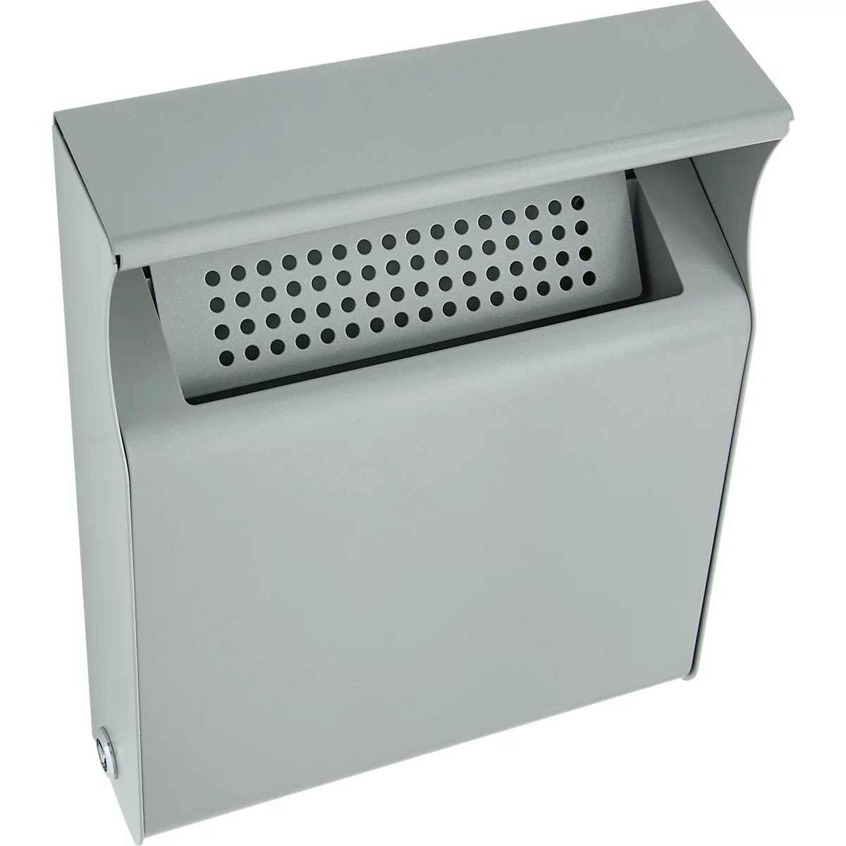 Boîte aux lettres murale grise avec détail en métal perforé et toit de protection.