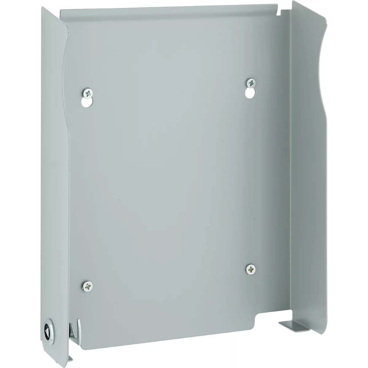Support métallique gris avec rebords latéraux et quatre vis de fixation sur fond neutre.