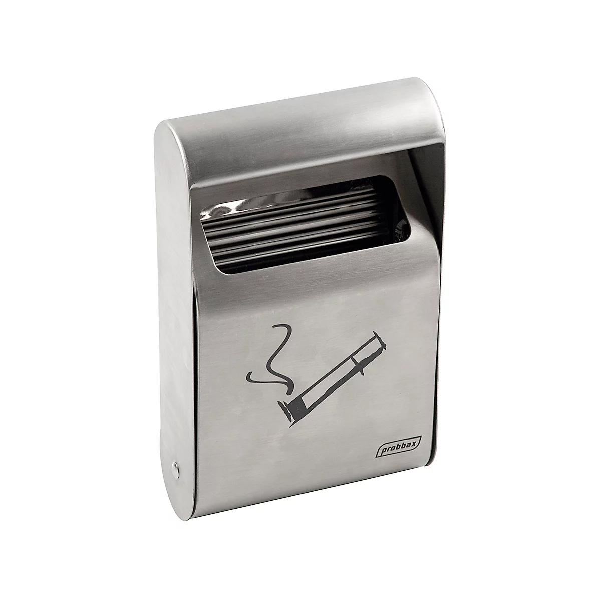 Cendrier en acier inoxydable avec un symbole de cigarette et une ouverture étroite pour les cigarettes. Le logo 'probbax' est en bas à droite.