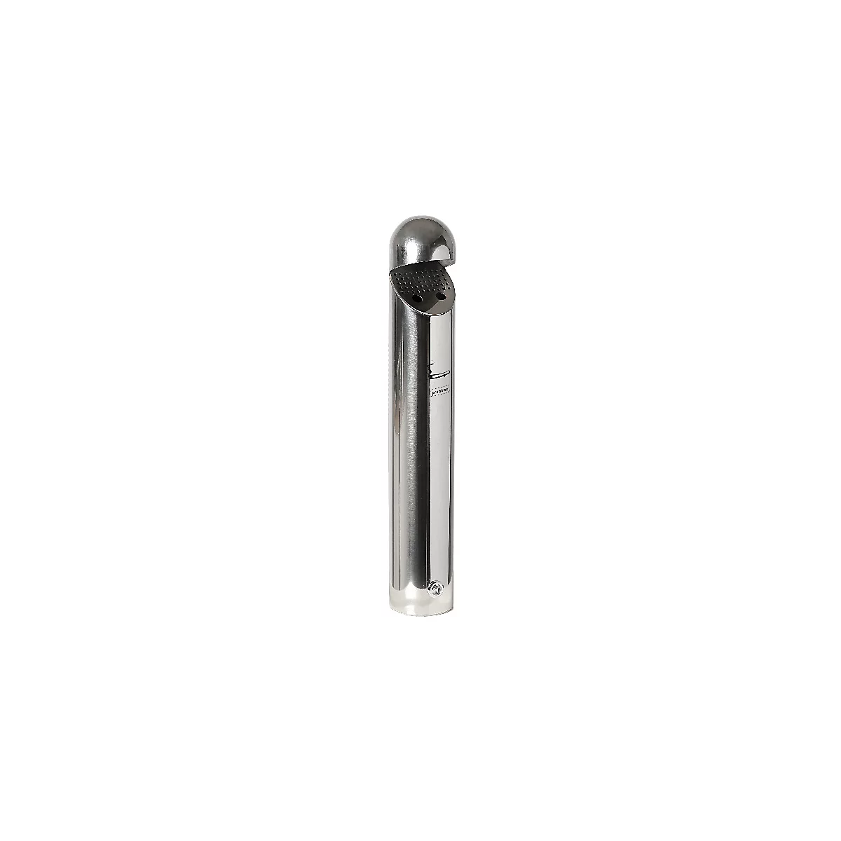 Cendrier argenté cylindrique avec couvercle. Motif de trous en haut. Plastique transparent en bas.