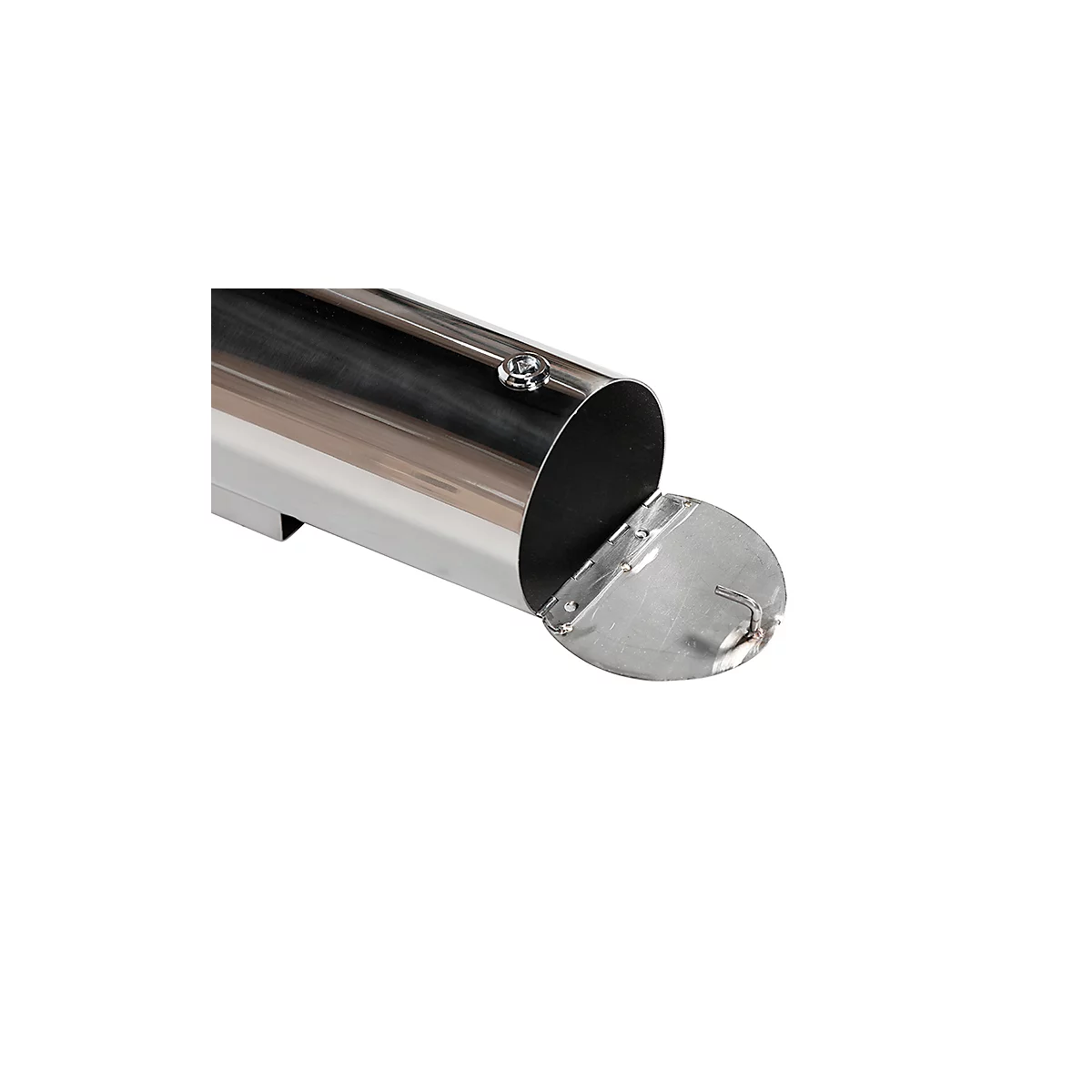 Gros plan d'un tube en acier inoxydable poli avec fermeture incurvée ouverte. Vis visible.