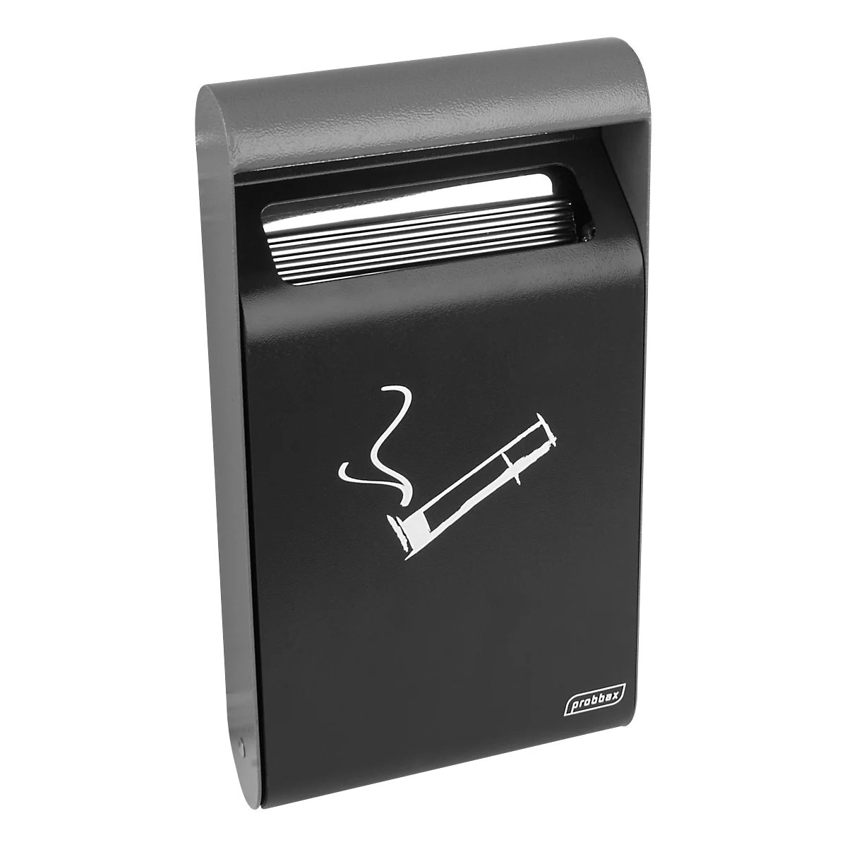 Cendrier mural noir avec symbole de cigarette, couvercle gris. 'probex' est écrit en bas à droite.