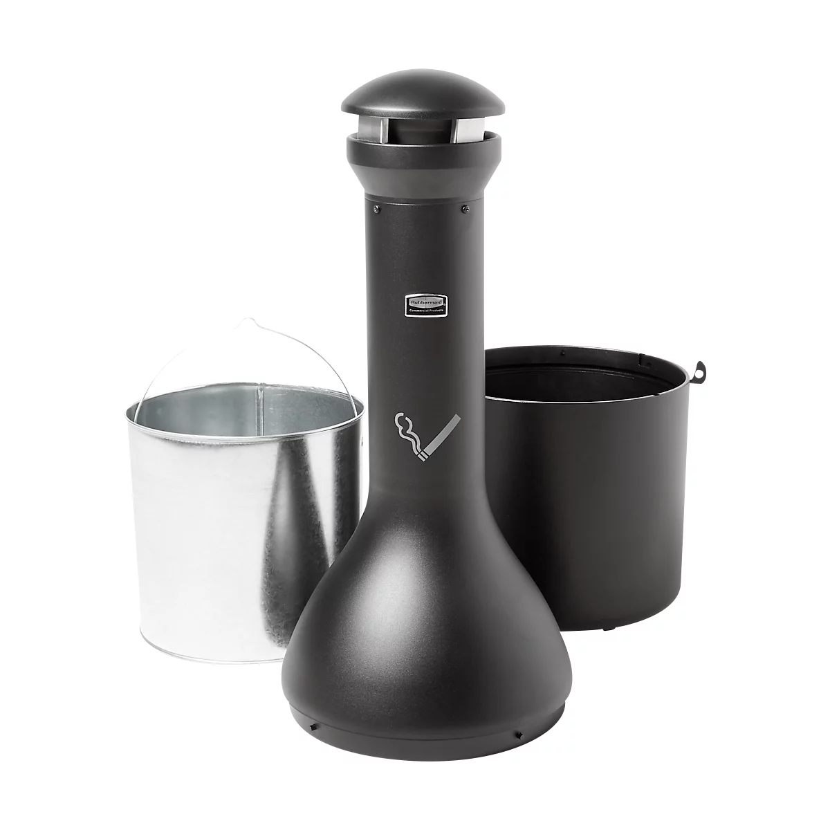 Cendrier sur pied INFINITY™, zone d'élimination des déchets à 360 degrés, avec plaque d'éjection, 330 x 990 mm, inox, noir