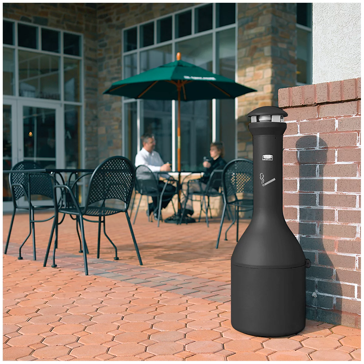 Cendrier sur pied INFINITY™, zone d'élimination des déchets à 360 degrés, avec plaque d'éjection, 330 x 990 mm, inox, noir