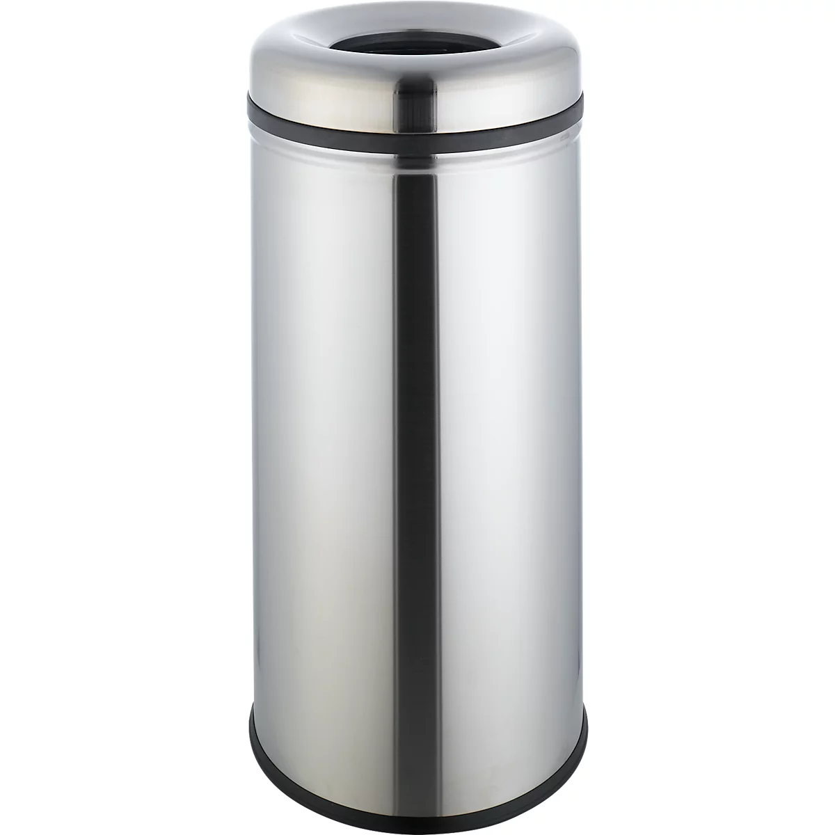 Poubelle en acier inoxydable avec couvercle et base noirs. Cylindrique, avec ouverture sur le dessus.