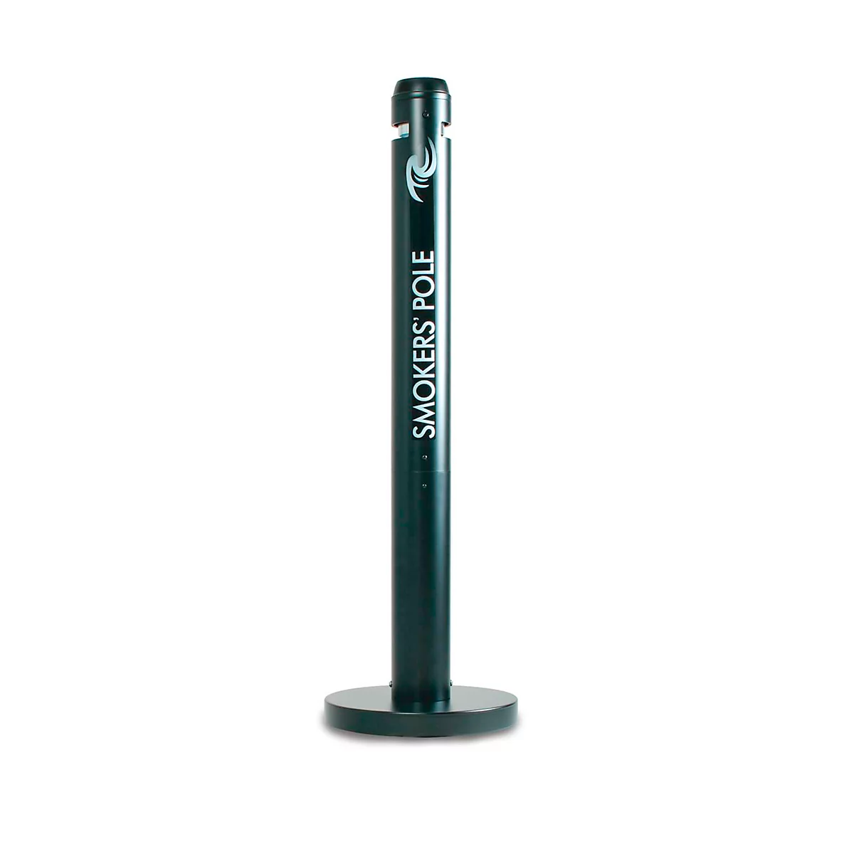 Poteau fumeur noir avec "SMOKERS POLE" et un logo. Le poteau repose sur une base circulaire.