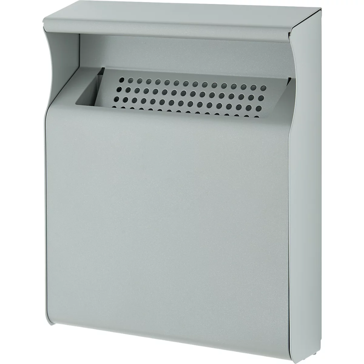 Cenicero de pared gris de metal con techo protector y superficie perforada.
