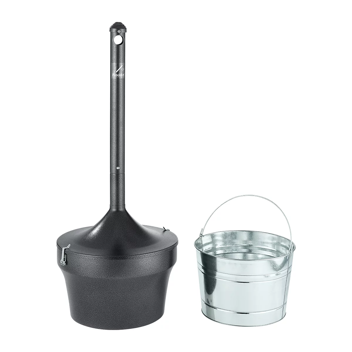 Cenicero de pie Rubbermaid Aladdin, 16 l, ignífugo, cubo interior galvanizado, fácil eliminación, Ø 410 x H 984 mm, chapa de acero, negro