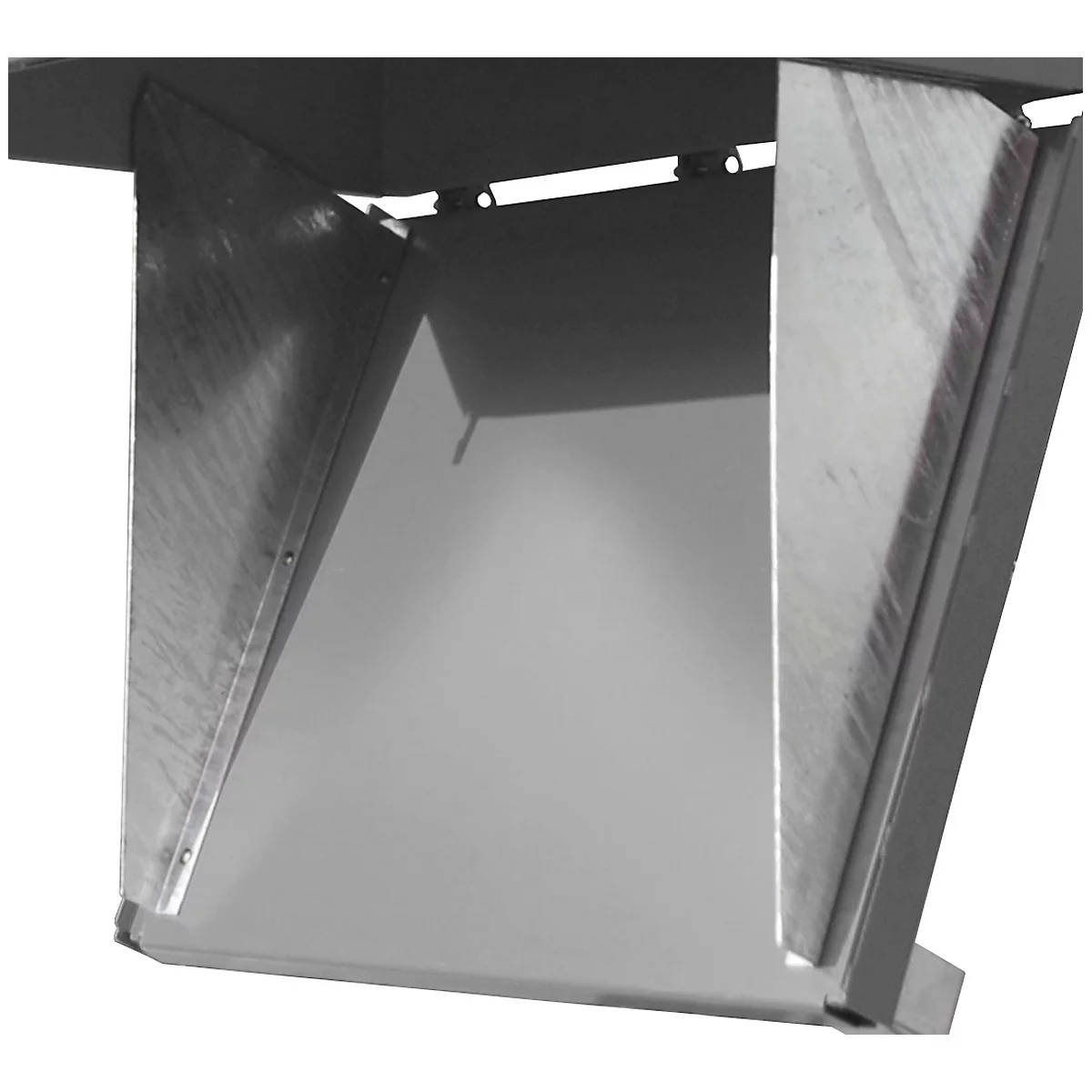 Metal construction: A gray funnel formed by two angled plates.