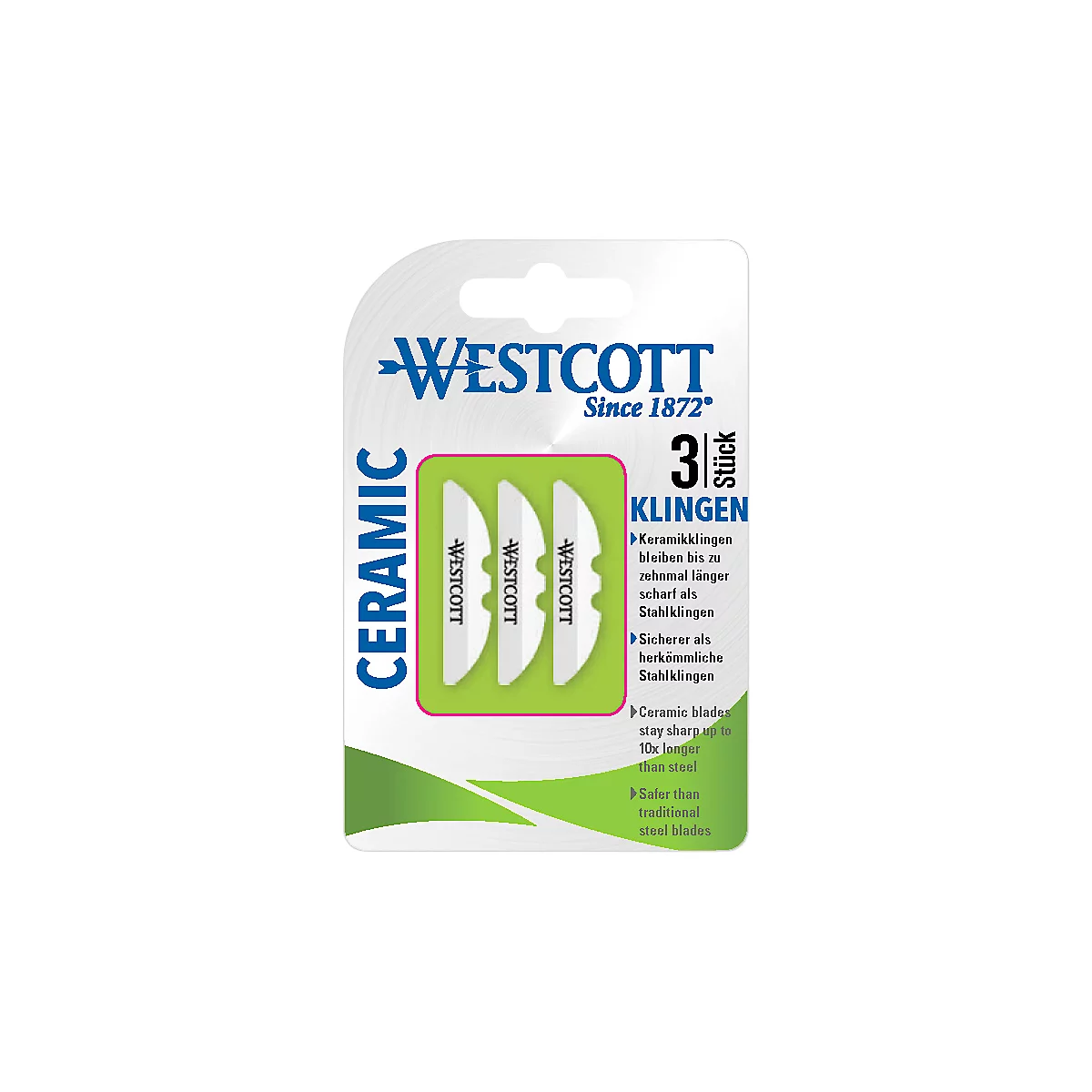 Package with 3 ceramic blades. The package shows the WESTCOTT brand, 'CERAMIC' and advertising texts about the benefits.